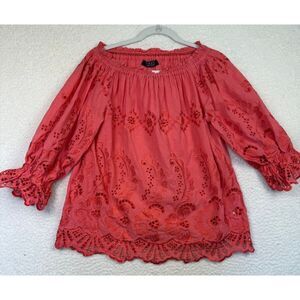 Beggon‎ Eyelet Lace Off-The-Shoulder Puff Sleeve Blouse Coral Size 42/ Medium